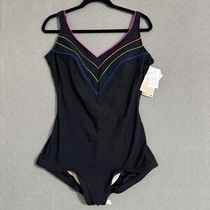 Womens Vtg Swimsuit Sz 20 Black Bright Stripes One Piece Pinup USA Glam NEW 90s